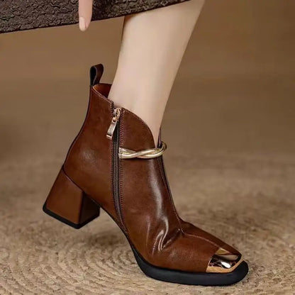 Designer Metal Decorat Thick High Heel Ankle Boots Wome Winter 2026 Warm Short Plush Black Short Boots Woman's Elegant Booties