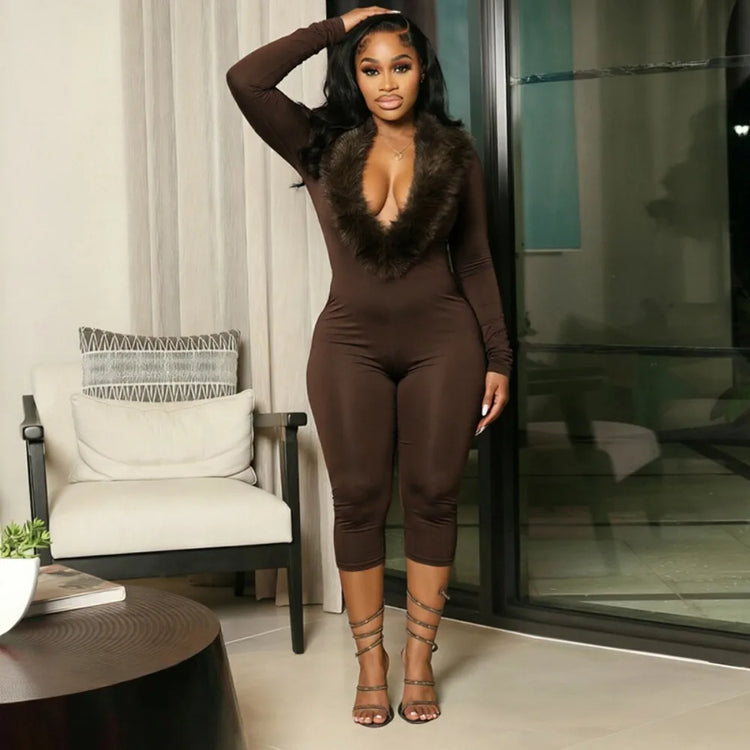 FLARORA Sexy Faux Fur Patchwork Capri Jumpsuits Woman Deep V Neck Full Sleeve Skinny Peach Hip Midnight Party Clubwear Overalls