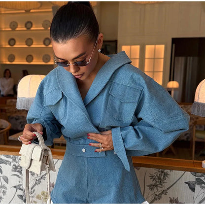 Street Lapel Cropped Coat Shorts Set Women's Solid Single Button Full Sleeve Jackets Ruffles Short Pants 2026 New Lady Outfits