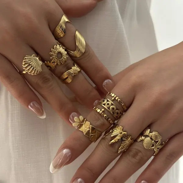 8Pcs/Set Vintage Pink Metal Flower Ring Set for Women Punk Elegant Baroque Pearl Knuckle Joint Ring Party Daily Wear Jewelry