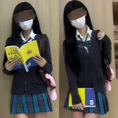 3Pc Set Japanese Korean School Uniforms Multicolor Sweater&Plaid Pleat Skirt with Bow Jk Uniform Suit Graduation Costumes Women