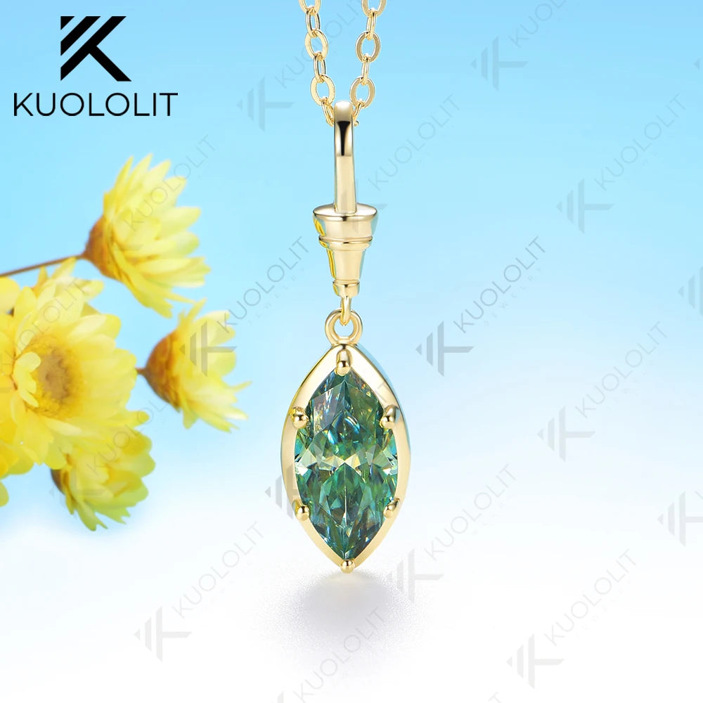 Kuololit 2CT Cyan Moissanite Marquise Necklace for Women14K 10K 925Sliver Yellow Gold Pendant with Chain for Party Classic Gift