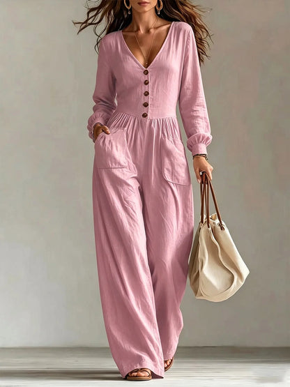 Women White Jumpsuit Deep V Neck Long Sleeve Button Front Wide Leg Rompers Casual Loose Pockets Overalls Vacation Beach Outfit