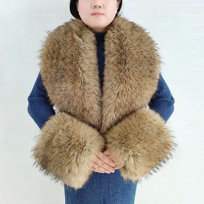 Large Women Faux Fox Fur Scarf Winter Jackets Warm Fluffy Shawl Fashion Artificial Fur Collar And Cuff Set Fluffy Scarves Female
