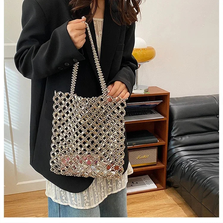 2026 Fashion Exquisite Bead Sense of Luxury Hollow Out Women‘s Handbags Hot Sale New No Zipper Acrylic Square Shoulder Bags