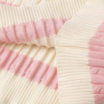 Pastel Stripe Cable Knit Two Piece Set Women's Polo Collar Button Front Crop Top & Mini Skirt Stretchy Bodycon Casual Outfit
