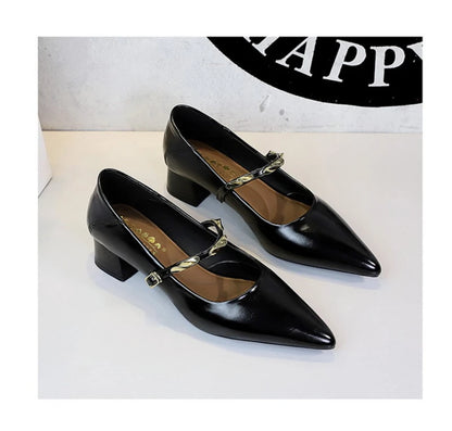 Women Korean Vintage Soft Split Cow Leather Pointed Pumps Simple Single Metal Buckle Strap Mid Chunky Heel Comfort Office Daily