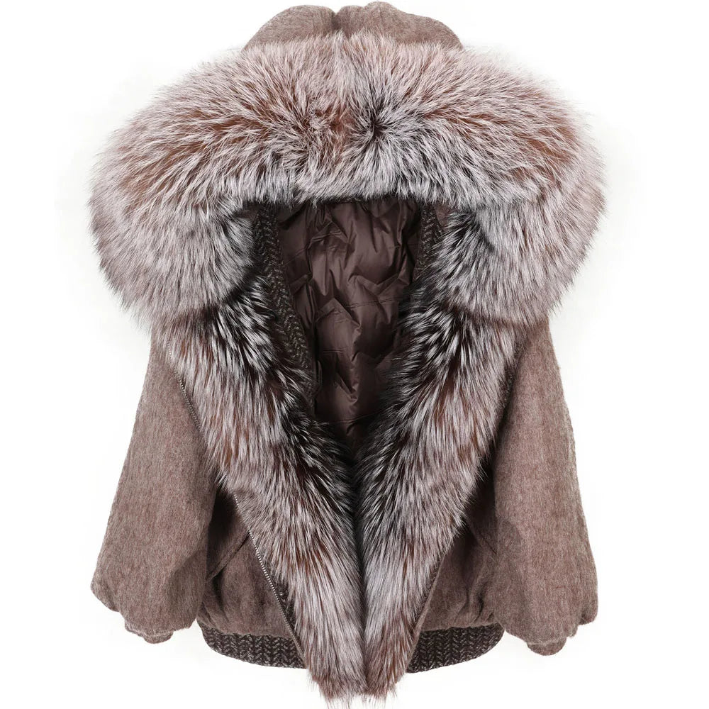 Maomaokong high-end Wool fabric Luxury Women's Big Fox Fur Collar Puffer Jacket Natural Fur down Coat Winter Thickened Warm