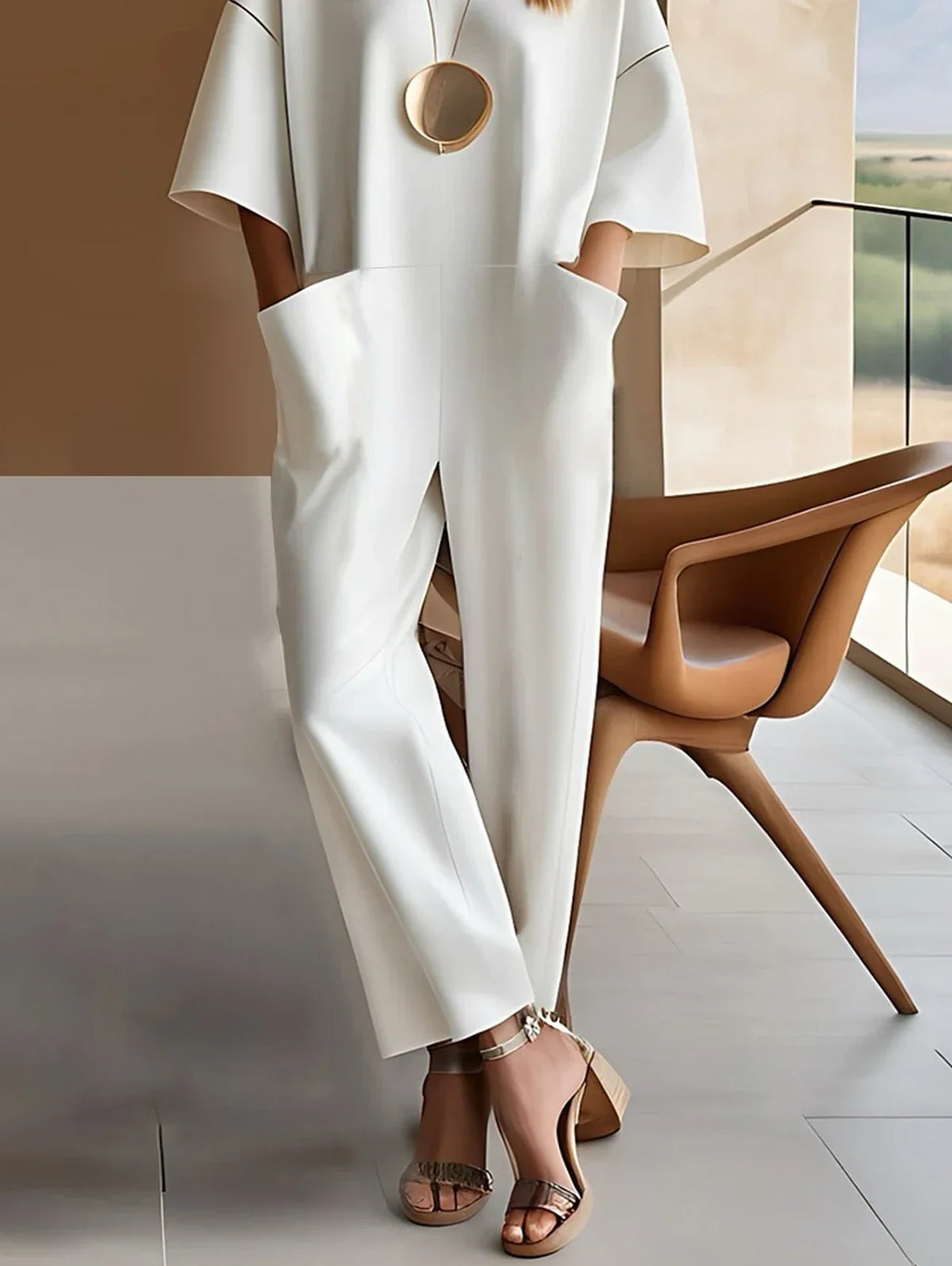 Womens Loose Jumpsuit Pockets Round Neck Straight Pant Minimalist White Streetwear Playsuits Office Lady Rompers One Piece Sets