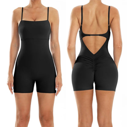 One-Pieces Fitness Overalls Women's Gym Jumpsuits with Shorts Scrunch Butt Sports Rompers High Elastic Backless Workout Clothes