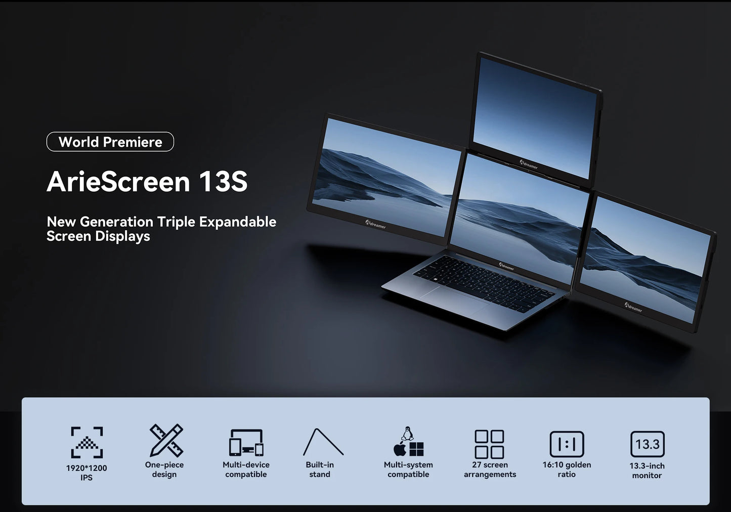 Adreamer ArieScreen13S Expansion Screen Laptop FHD Portable Tri-screen Monitor 3 Displays for 13.3-16 inch Laptop
