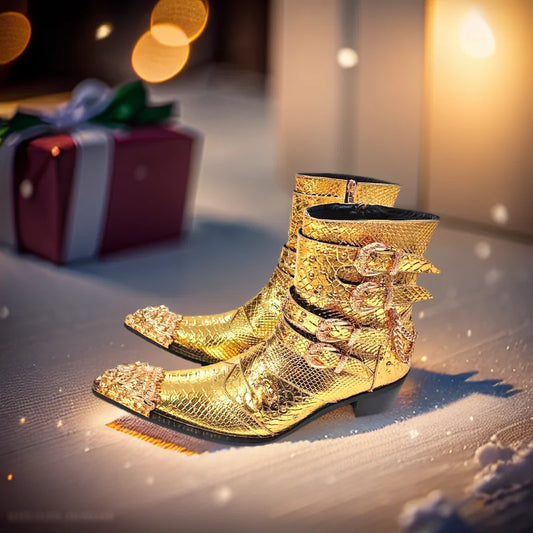 Men's Genuine Leather Chelsea Boots Luxury Fashion Golden‑Tone Decor Dress Boots For Banquet Party Wedding Casual Formal Stage P