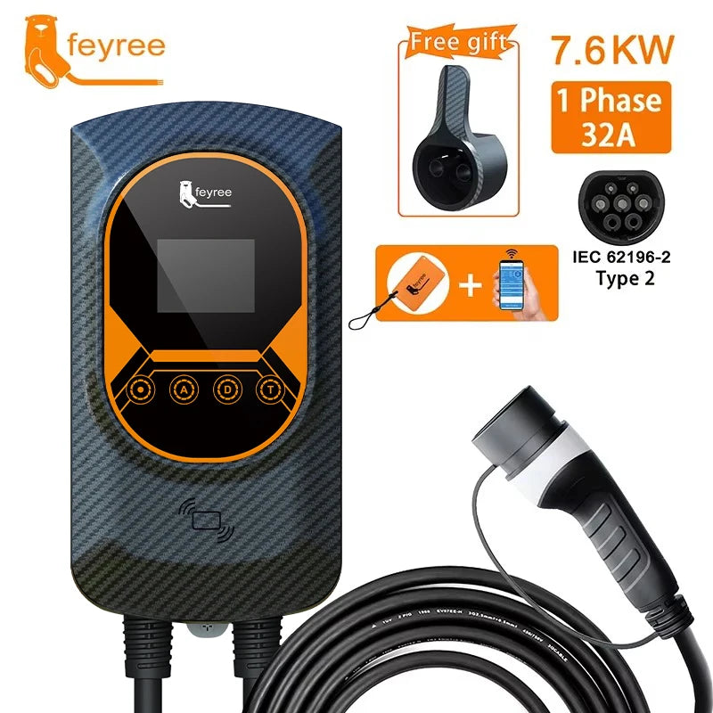 Feyree EV Charging Station 32A Electric Vehicle Car Charger EVSE Wallbox Wallmount 7.6/11/22KW Type2 Cable IEC62196 APP Control