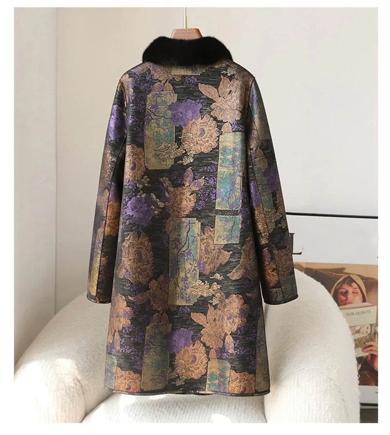 PUDI 2024 Hot Sale Women Sheep Shearling Print Coat Female Full Pelt Fur With Mink Fur Collar Winter Jacket  CT440