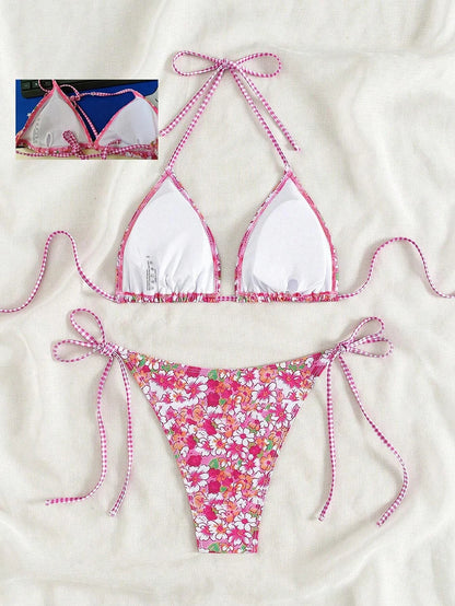 Swimsuit 2026 Female Micro Bikini Women Swimwear Summer Beachwear Women's Bathing Suit Floral Print Neck Halter Thong Bikini Set