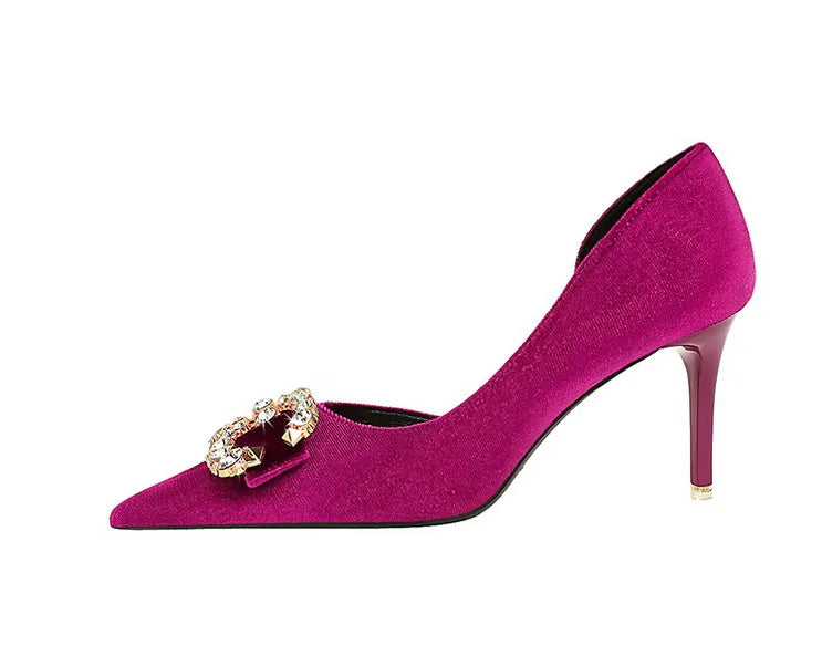 BIGTREE Party Pumps 7cm Thin High Heels Western Style Velvet Shallow Pointed Toe Side Hollow Crystal Pearl Bow Lady Shoes Pink