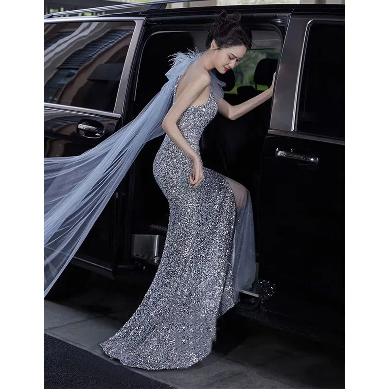 New High-end Sequin Temperament Fishtail Dress Wedding Guests Important Occasion Dress Host Stage Clothes Quinceanera Dresses