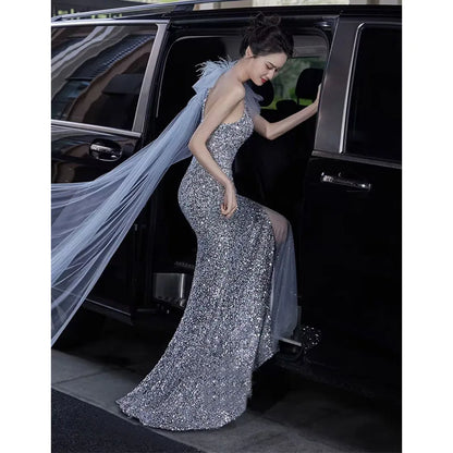 New High-end Sequin Temperament Fishtail Dress Wedding Guests Important Occasion Dress Host Stage Clothes Quinceanera Dresses