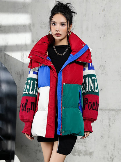 Streetwear Letter Stitching Fashion Down Jacket Women's New Hooded Parka Loose Winter Down Coat Female Thick Casual Warm Clothes