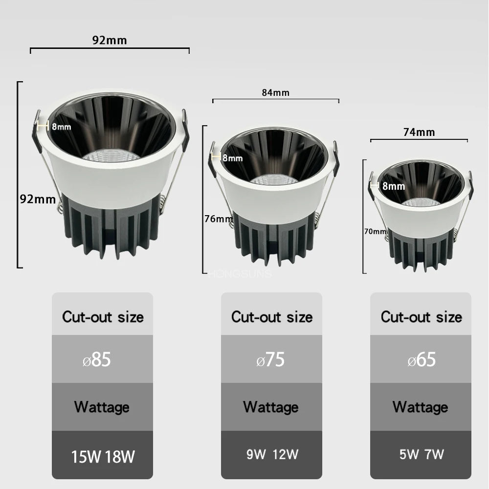 Dimmable Led Spotlight Recessed Ceiling Lamp  Aluminum Led COB Light 5W7W9W12W15W18W AC110V 220V Downlight Home Office Store