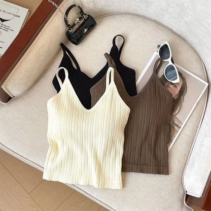 Fashion V Neck Sleeveless Summer Knit Tank Top White Women Black Casual Basic T Shirt Off Shoulder Camis Sexy Backless Crop Tops