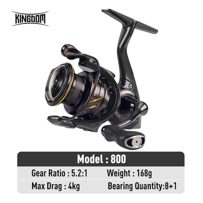 Kingdom Micro Fly Pro Fishing Spinning Reel Ultra Light 8+1 Sealed Bearings 160g 8KG Max Drag 5.2:1 Gear Ratio Fishing Reel