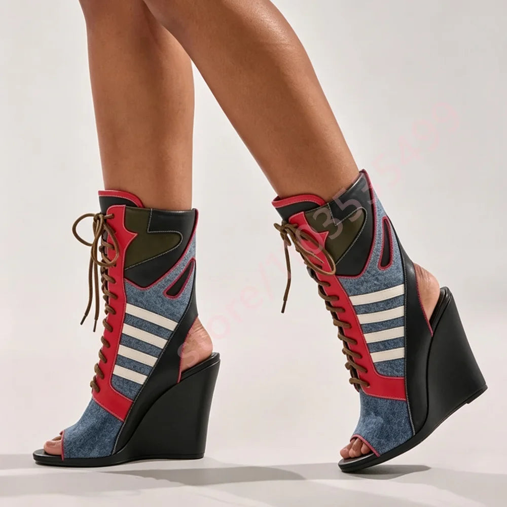 Denim Color Block Open Toe Ankle Boots Women White Stripes Patchwork Front Lace Up Contrast Wedge High Heel Fashion Cutout Boots