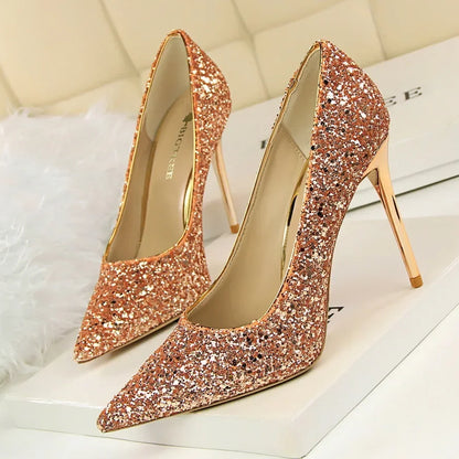 Women Luxury Bling Red  Blue Valentine Party Scarpins Pumps Lady Glitter Sequins 7cm 9.5cm High Heels Designer Shoes Plus Size