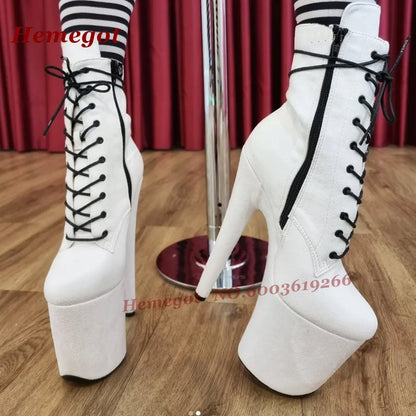 White Platform Lace-Up Ankle Boots Steel Pole Dance Performance Shoes Round Toe Stiletto High Heels Cross Tied Zip Women's Boots