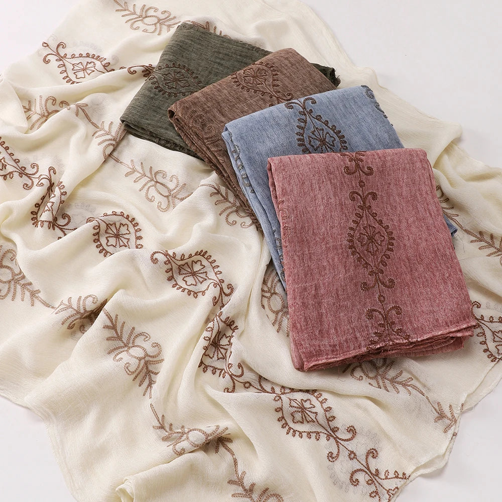 Vintage Crinkle Embroidery Hijab Textured Fabric Muslim Shawl Headscarf Soft Breathable Islamic Women Head Wrap Scarf