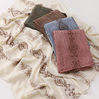 Vintage Crinkle Embroidery Hijab Textured Fabric Muslim Shawl Headscarf Soft Breathable Islamic Women Head Wrap Scarf