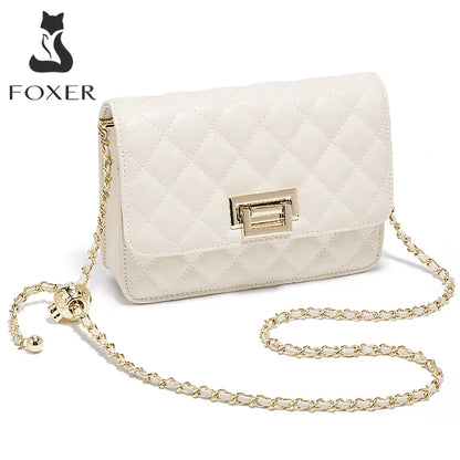 FOXER 2026 Women White Quilted Crossbody Bag Luxury Leather Chain Shoulder Bag Fashion Lady Flap Square Purse for Casual & Party