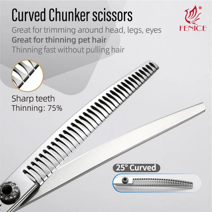 Fenice CIQ Professional 7.0/7.5 Inch JP440C Dog Grooming Scissors Curved Chunker /Thinning Scissors for Dogs Cats and Other Pets