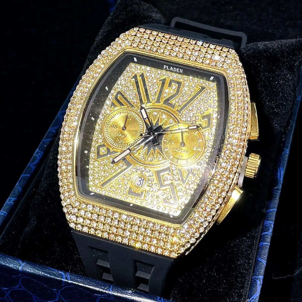 PLADEN Fashion Iced Out Watches Men Casual Blue Silicone Strap Quartz Wristwatch Man's Luxury Diamond Bling Tonneau Clocks 2026