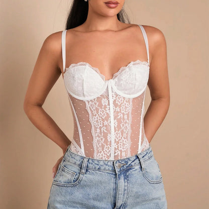 Lace Edge Bodysuits Women Slim Jumpsuits Summer Fashion Sexy Lingеrie Halter Bodyshaper Nightclub Breathable Mesh Shapewear Tops