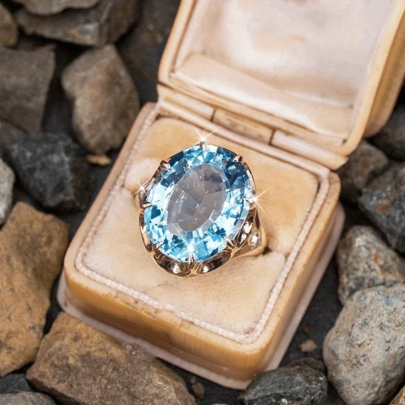 Gorgeous Charming Large Oval Blue Cubic Zirconia Stone Ring Women Fashion Golden Color Crystal Zircon Ring Bridal Trendy Jewelry