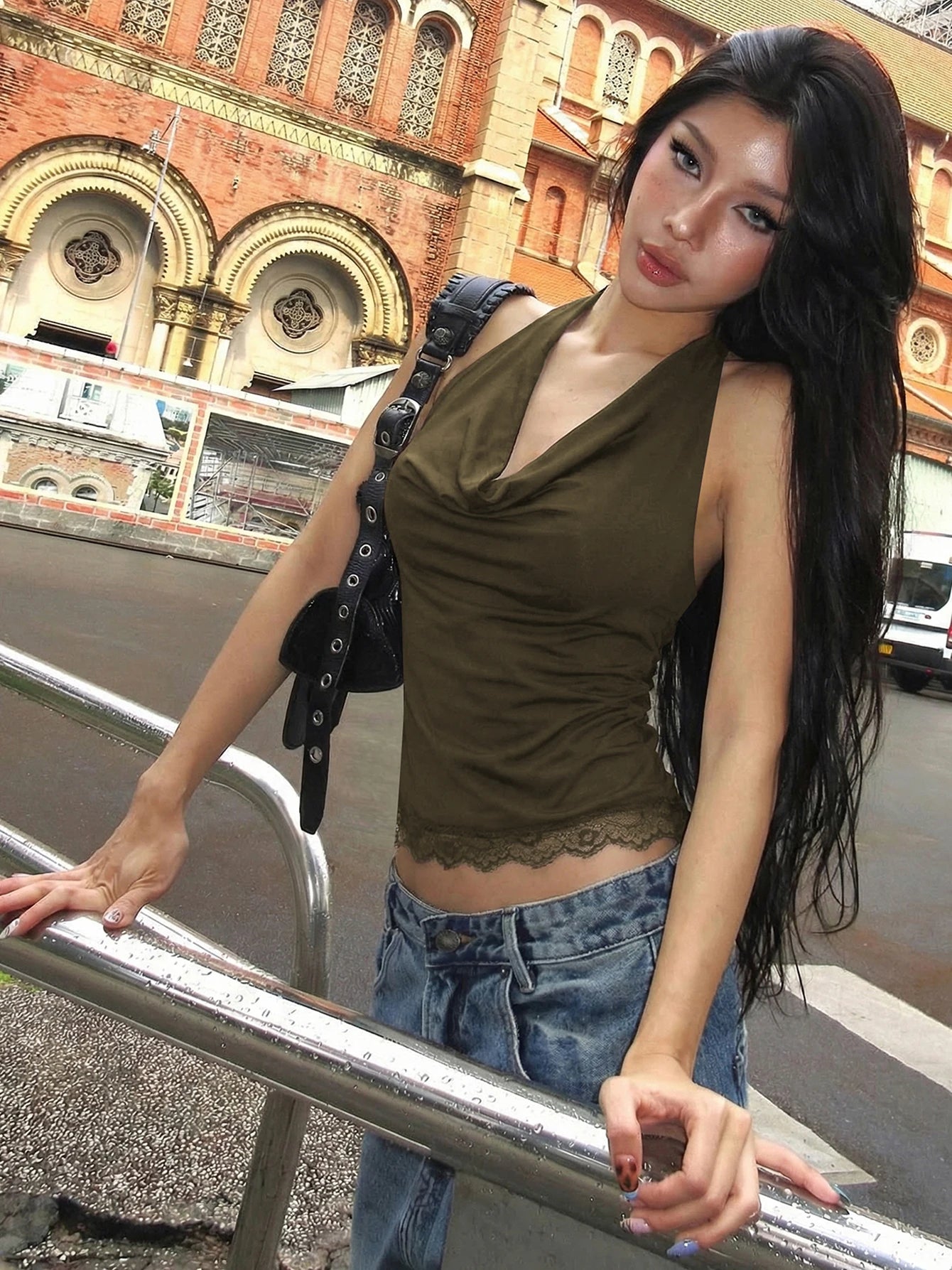 Dulzura Summer Fashion Sexy Halter Backless Lace Up Lace Ruffles Swinging Collar Vest Women'S Casual Y2K Top Party Club Clothes