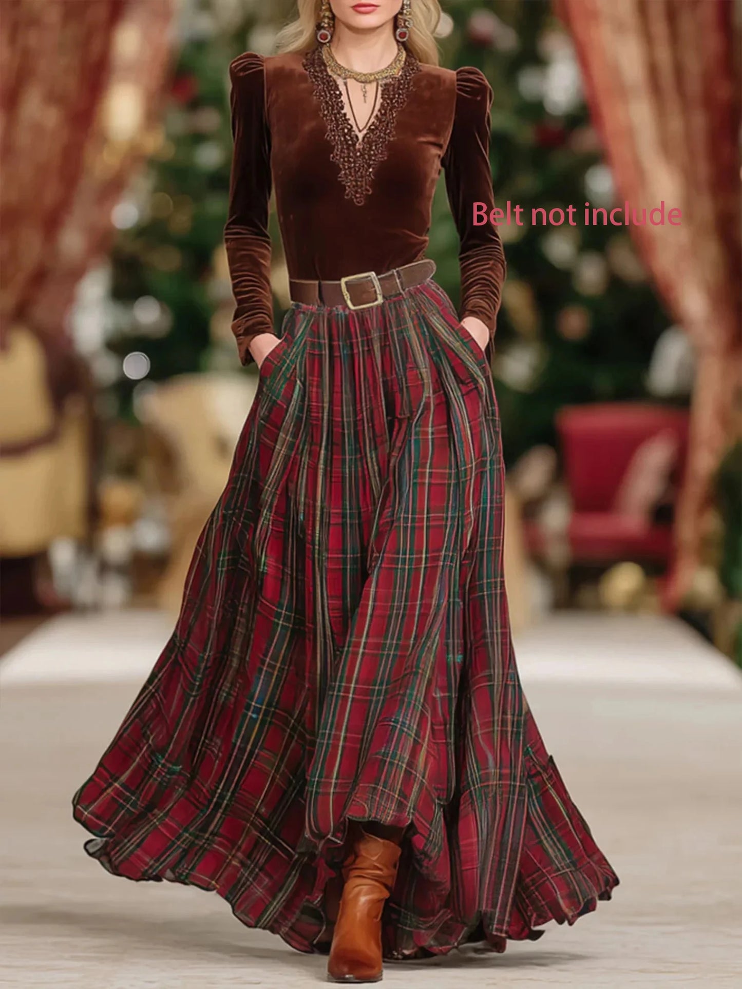 Plus-Size Women's Elegant Retro Plaid Patterned Skirt with Elastic Waist, Belt-Free, Suitable for All Seasons, Perfect for Everyday Wear and Commuting.