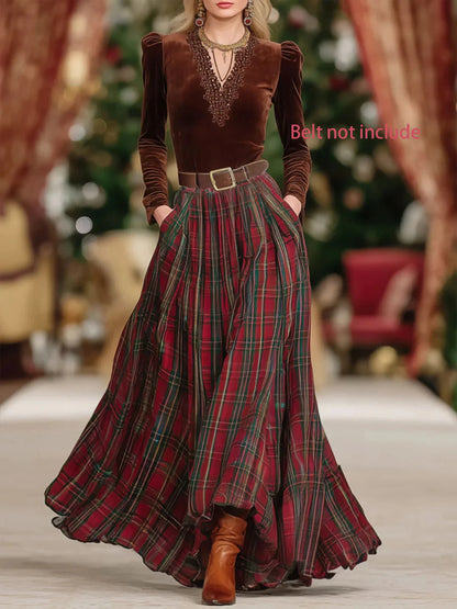 Plus-Size Women's Elegant Retro Plaid Patterned Skirt with Elastic Waist, Belt-Free, Suitable for All Seasons, Perfect for Everyday Wear and Commuting.