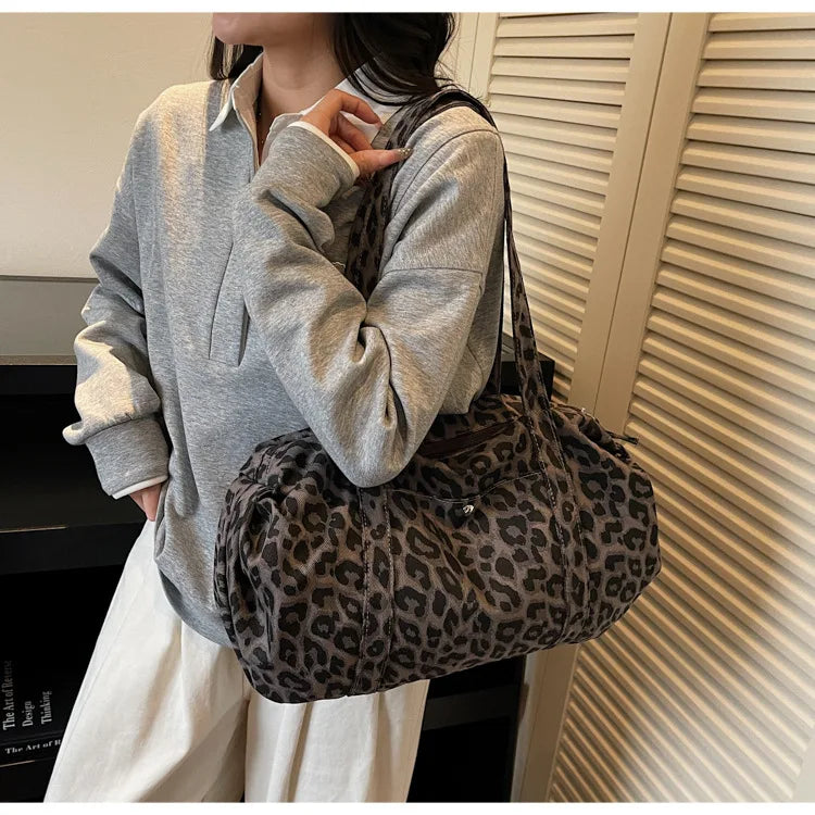 Trendy Leopard Print Canvas Shoulder Bag Large Capacity Fashion Tote Handle Bag for Daily Commute Versatile Texture Storage Bags