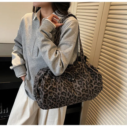 Trendy Leopard Print Canvas Shoulder Bag Large Capacity Fashion Tote Handle Bag for Daily Commute Versatile Texture Storage Bags