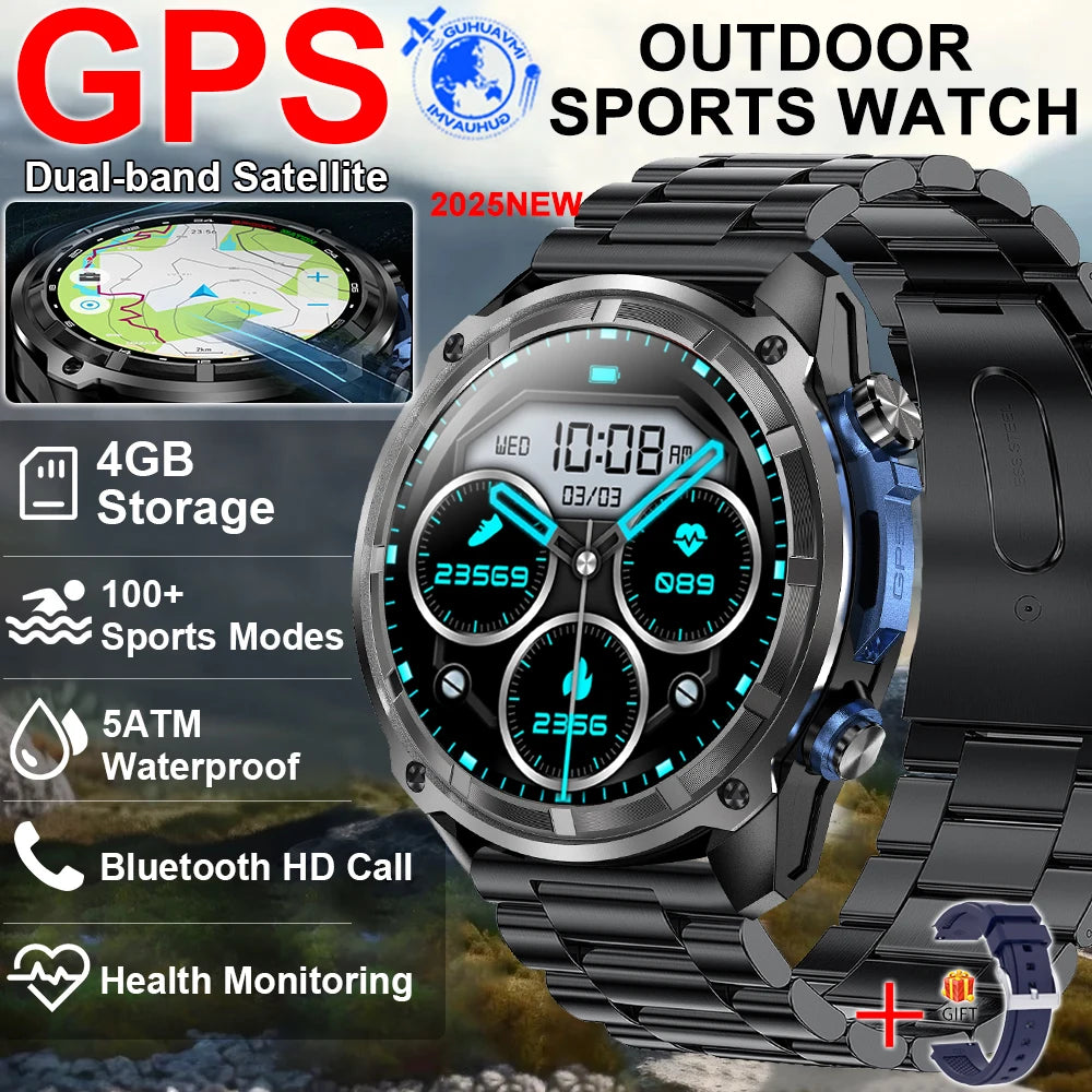 2025 New Tactical Smartwatch Built-in GPS Offline Map 4GB Memory 5ATM IP69K Swimming Waterproof Men Militray Smart Bracele