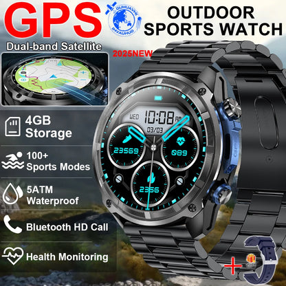 2025 New Tactical Smartwatch Built-in GPS Offline Map 4GB Memory 5ATM IP69K Swimming Waterproof Men Militray Smart Bracele