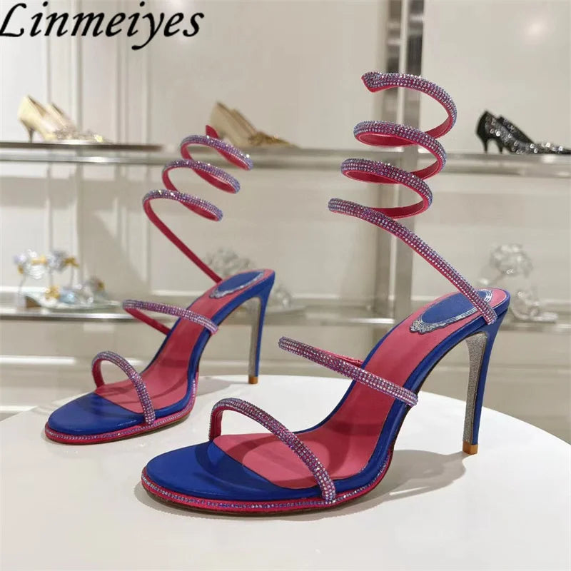Summer Crystal Gladiator Sandals Women Rhinestone Twine Around Ankle Snake Wedding Shoes High Heels Sandals Woman
