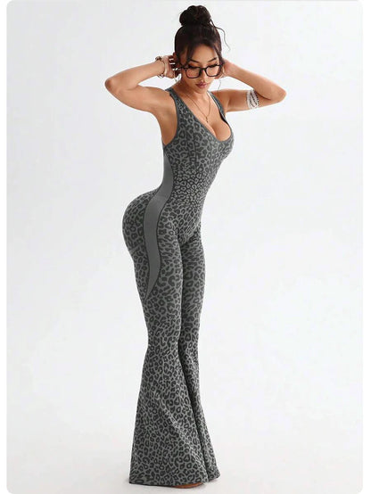 ZHEJIN Leopard Jumpsuit Women Flare Leg Yoga Romper Backless Criss Cross Workout Bodysuit Scrunch Butt Lift Gym Fitness Wear