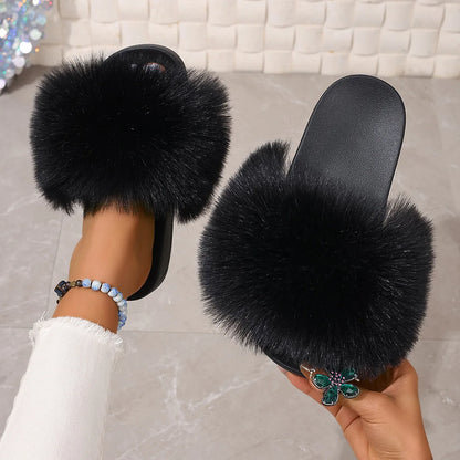 Fashion Fox Fur Slides Women Luxury Designer Summer Sandals Ladies Furry Lazy Slippers Fluffy Flip Flops Shoes Plus Size Shoes