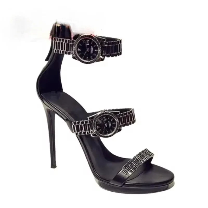 Womens Silver Watch Embellished Strap Sandals Sexy Stilettos Heel Sandals Open Toe Ladies Chain Detail Gladiator Sandals 35-44
