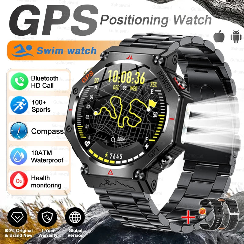 New Military Real GPS Smart Watch Men 10ATM IP69K Waterproof Swim Sports Watches Flashlight Bluetooth Call AMOLED HD Smartwatch