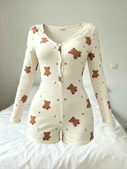 Summer Casual Little Bear Print Bodysuit Women's Sexy Onesies Pajamas Sleepwear V-neck Front Button Long Sleeve Jumpsuit