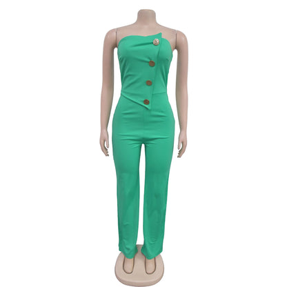 Sexy Backless Strapless Jumpsuit Summer Women Fashion Solid Button Sleeveless Slim Fit Wrap Hip Jumpsuits Elegant Office Romper